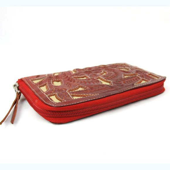 Leathers in Leather Floral Embossed Cut Out Zip Around Wallet Clutch Red Maroon - Picture 5 of 8
